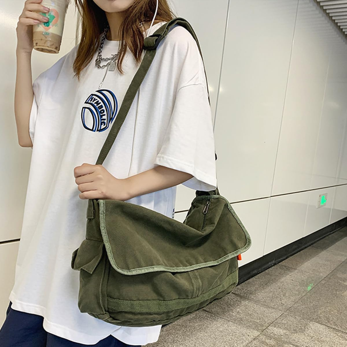 AIMALL Canvas Messenger Bag for Men and Women, 14.9 X 10.23 X 4.72 Inches, Durable Crossbody Shoulder Bag with Adjustable Strap and Multiple Compartments, Green image number 3