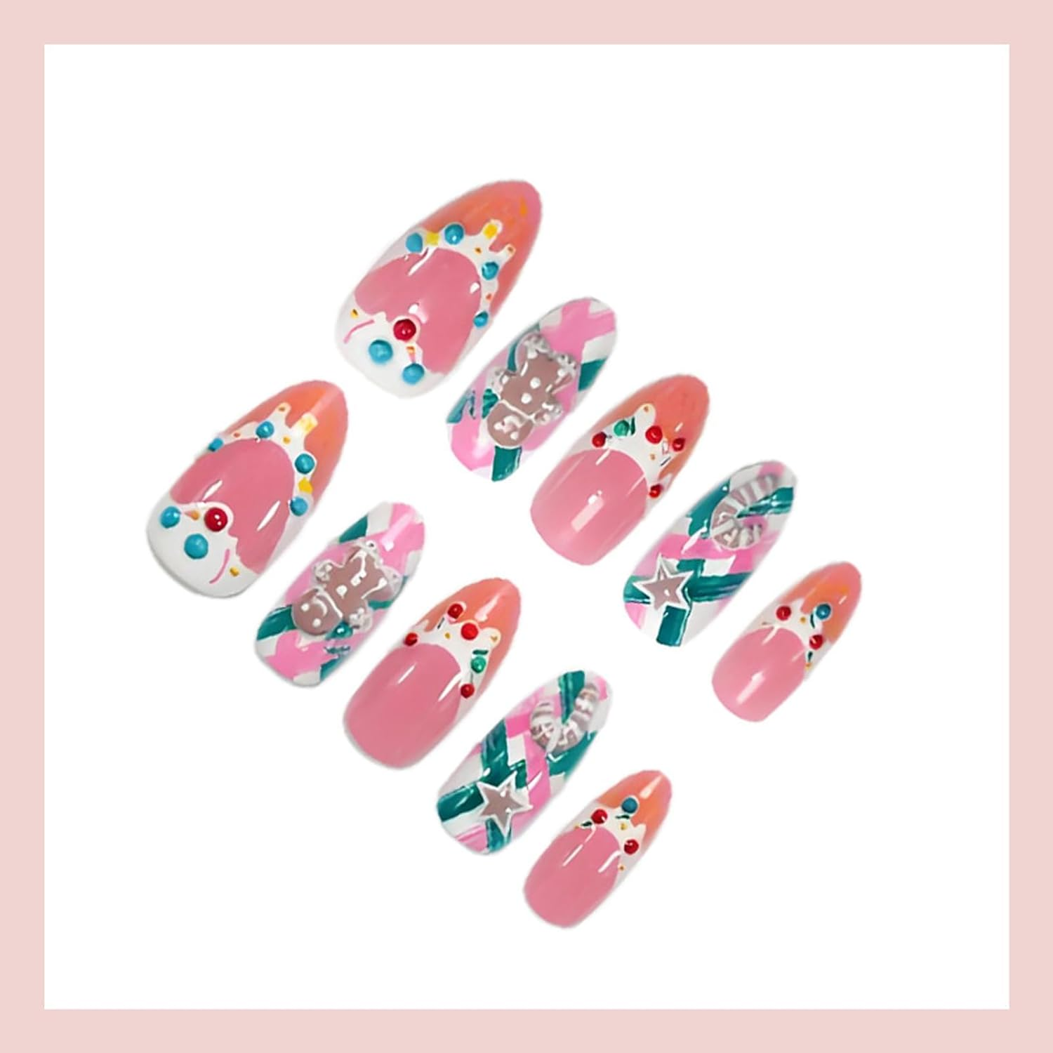 24 PCS Christmas Press on Nails Christmas False Nails French 3D Rhinestone Gingerbread Man Medium Fake Nails Gifts for Women and Girls (No.72)