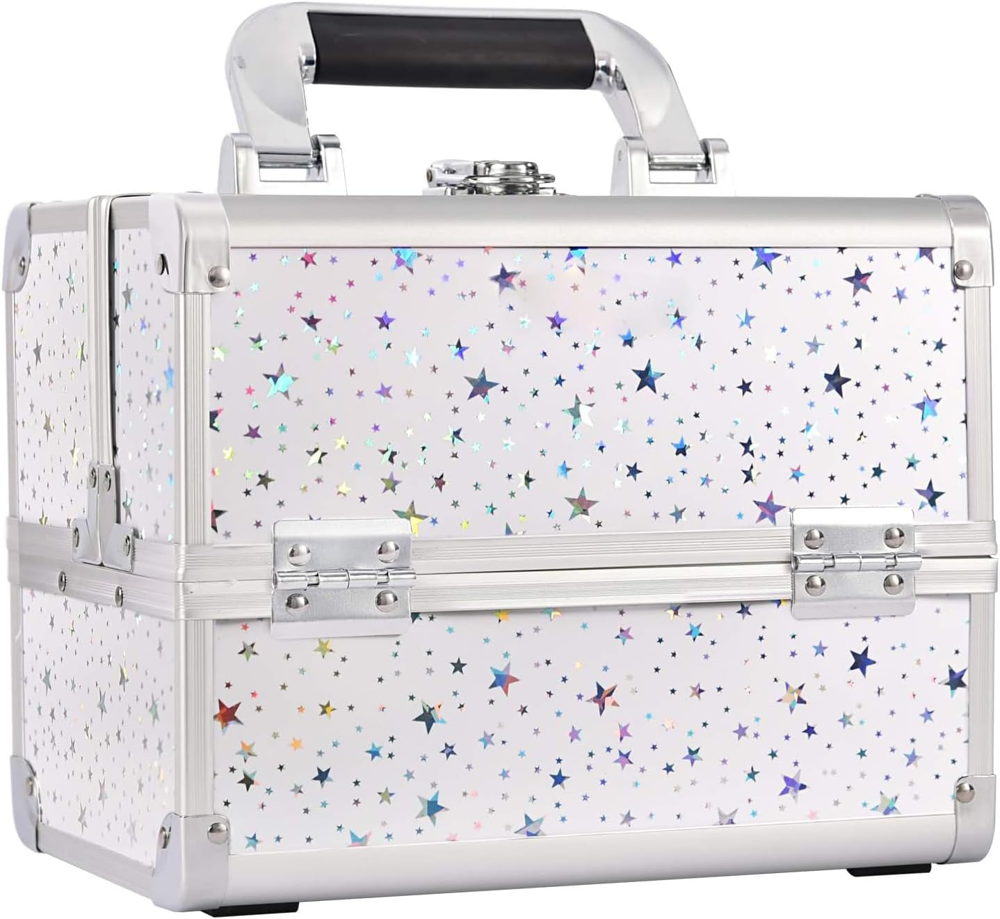 Joligrace Vanity Case Makeup Box Cosmetic Case Beauty Storage Make up Organiser Jewellery Box with Mirror, Lockable with Keys, White Holographic Star, Glamorous