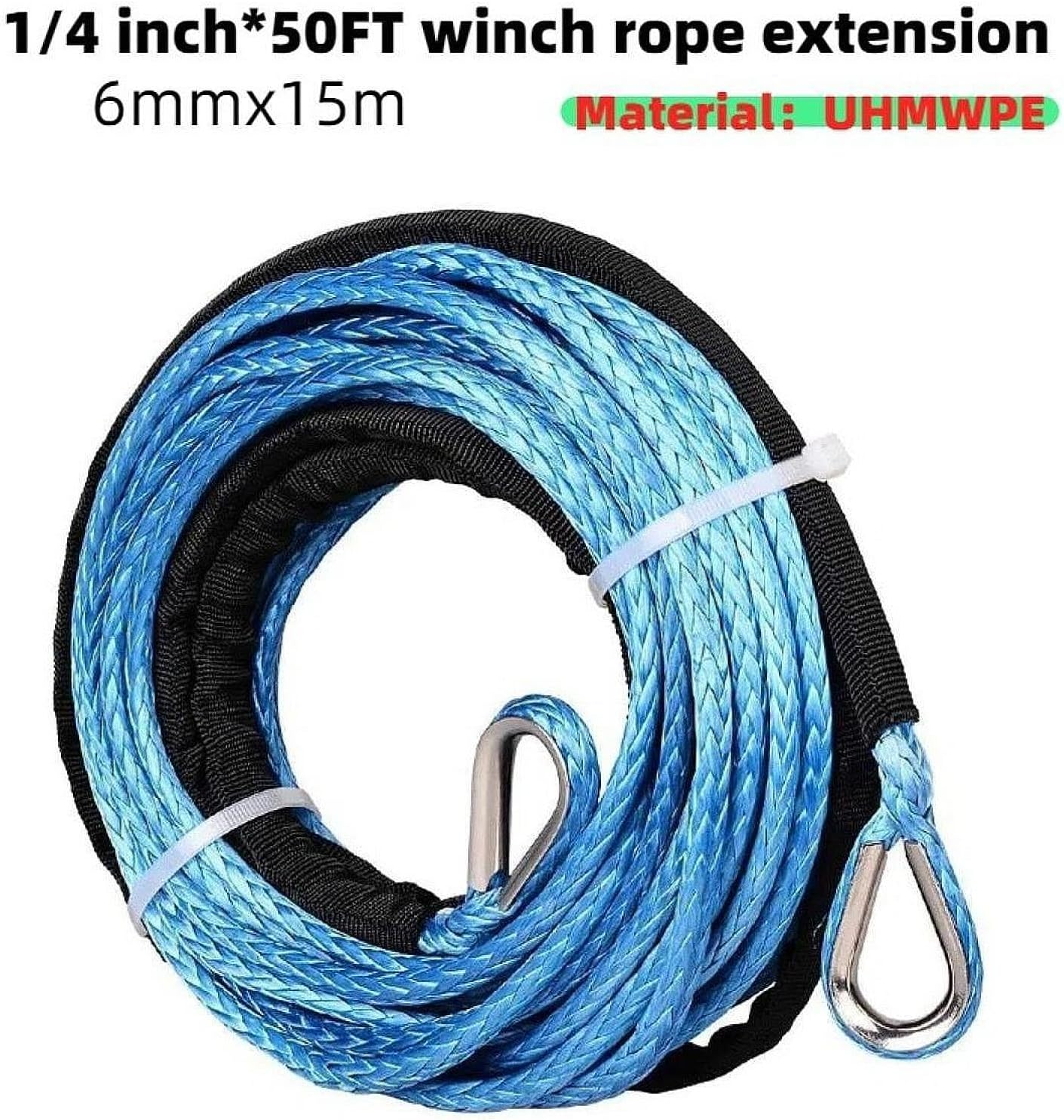 Qcchieus 50Ft X 1/4" Winch Rope Extension Replacement Sturdy for ATV UTV Multipurpose Accessories Tow Rope with Protective Sleeve, Blue
