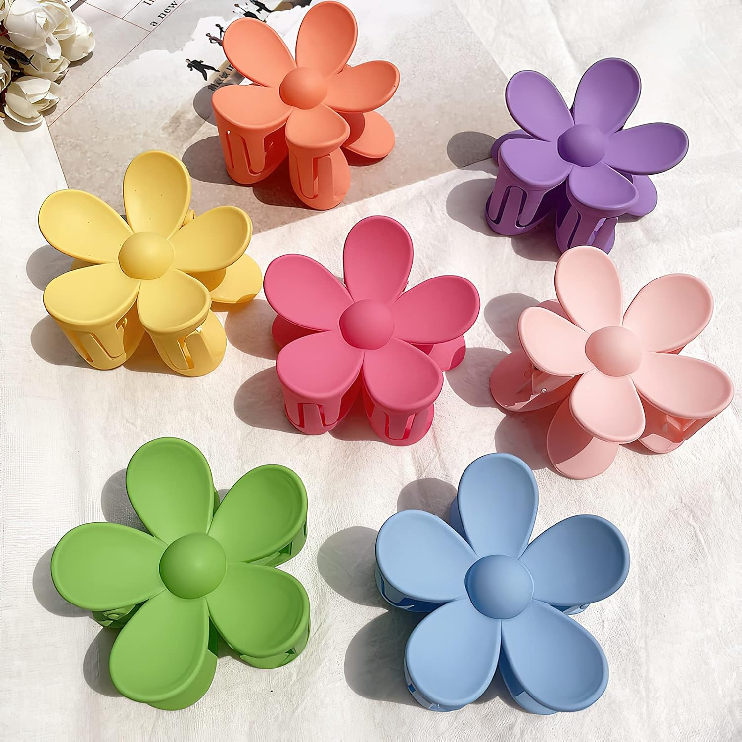 Pack of 8 Hair Clips Flower Hair Clips Yellow Blue Green Pink Purple Rose Red Light Blue Orange Colourful Hair Clips Large Hair Clips Women Acrylic Colourful Hair Clips Small Hair Clip Thin Hair Clips for Girls image number 4