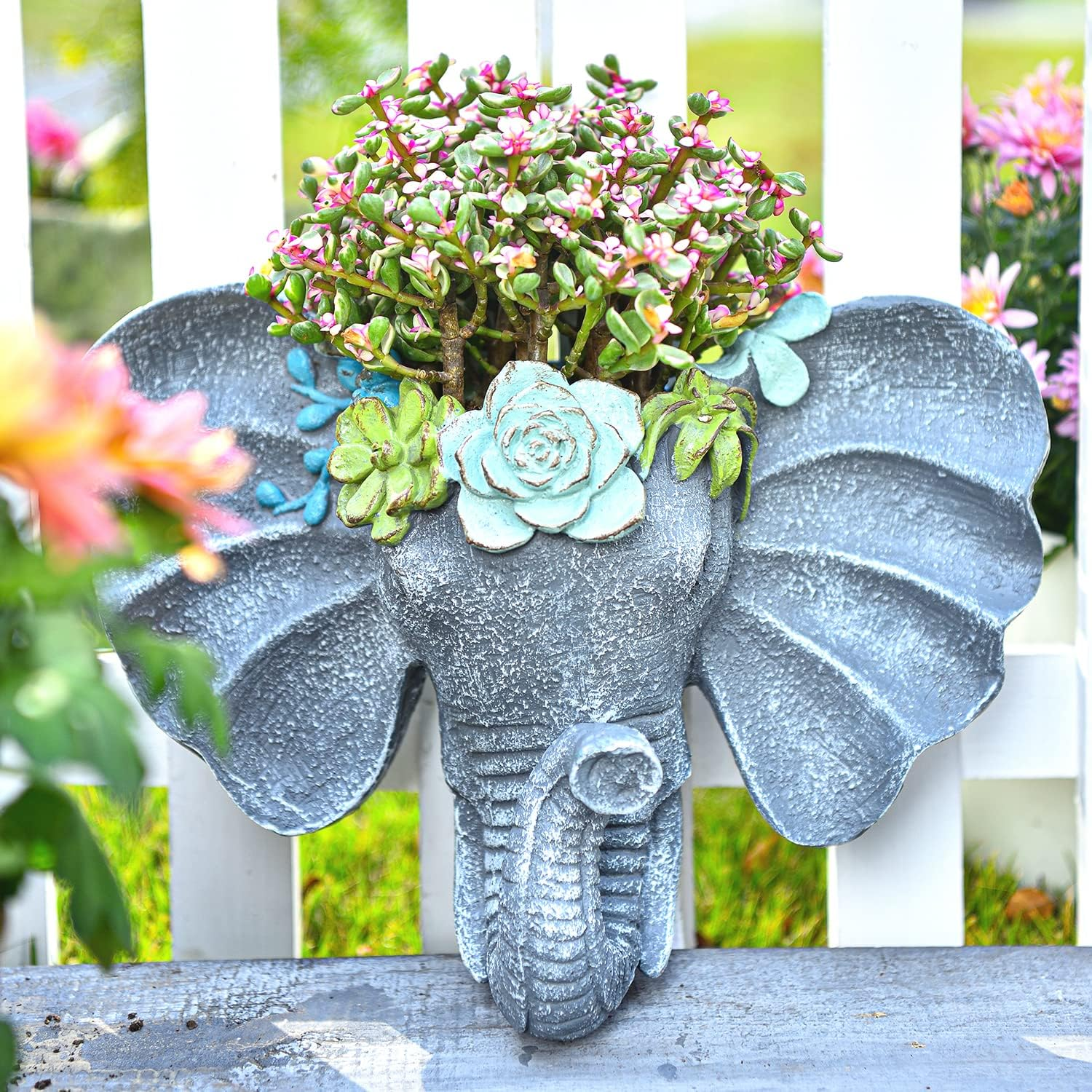 Sungmor Elephant Head Shaped Wall Hanging Planter Flower Plant Pot - Resin & Hand Painted & Grey - Sculpture Garden Wall Decoration Outdoor Plant Container