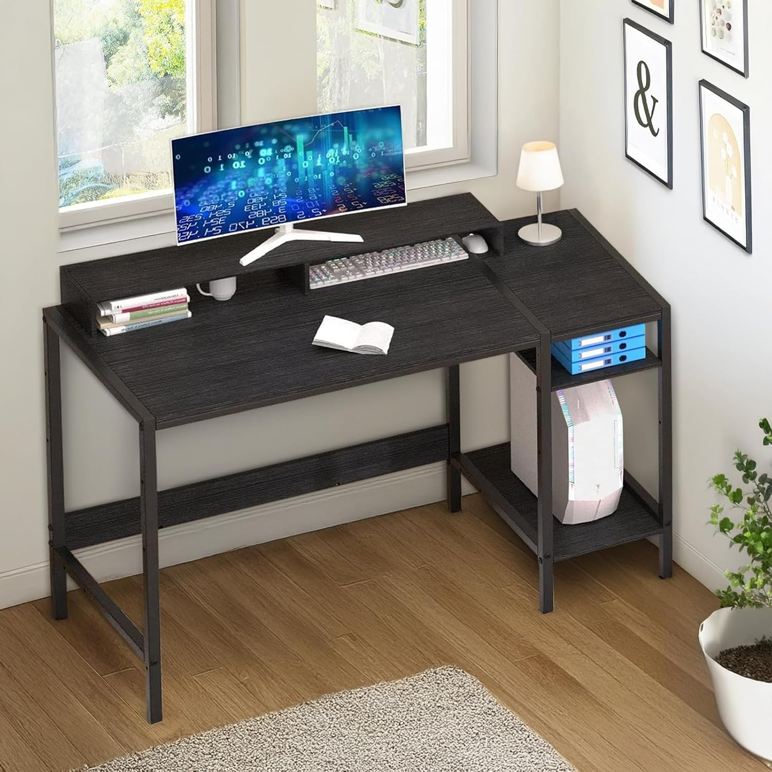 Computer Desk with Reversible Storage Shelves, Home Office Desk with Monitor Stand, Modern Simple Writing Table for Work Study Writing,100 * 45 * 76Cm, Black image number 6