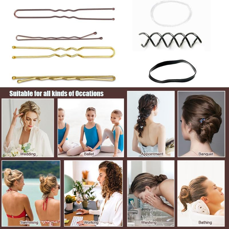356Pcs Hair Pins Kit with Storage Box,100 Bobby Pins, 150 Rubber Bands, 100 U-Shaped Pins & 6 Spiral Hairpins for Women, Salons, Ballet, Cheerleading & Travel