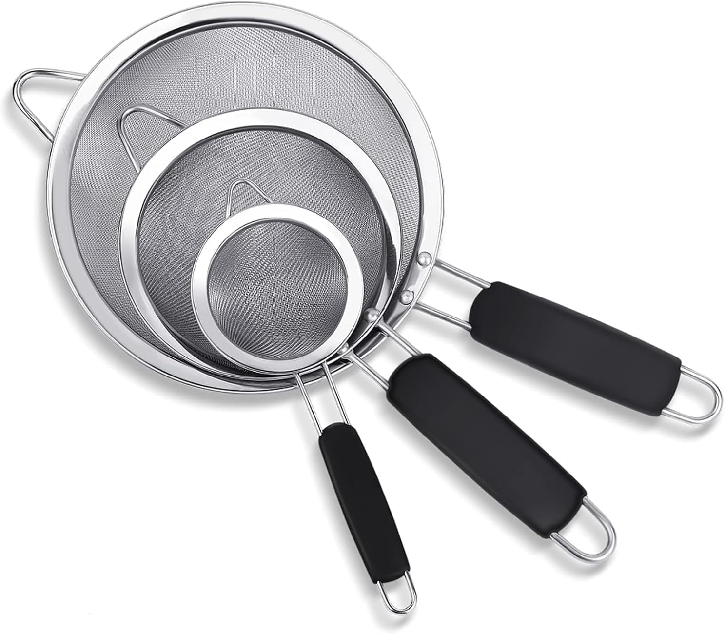 3 Pack Stainless Steel Extra Fine Double Mesh Strainers, Large, Medium & Small Sifters with Comfortable & Non Slip Handles, Ideal for Pasta, Rice, Tea, Spaghetti, Quinoa, Baking image number 6