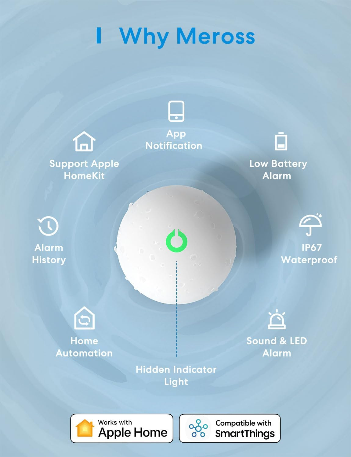 Meross Water Leak Detector, Smart Water Alarm with Hub, App Alert, Replaceable Batteries, Wireless Flood Sensor, Interlinked, Apple Homekit Supported, IP67, for Kitchen Bathroom Basement Garage image number 6