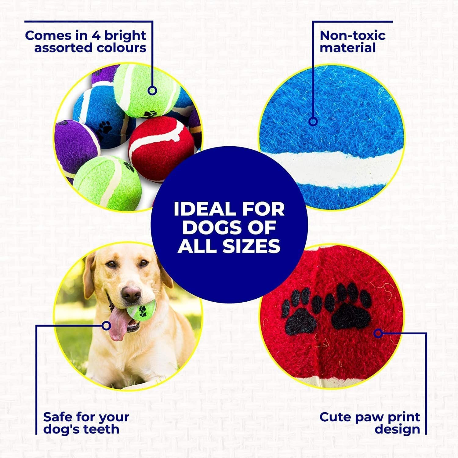 [12PCE] Pet Basic Dog Tennis Fetch Balls, Safe for Dog'S Teeth, Paw Design on Ball, Suitable for Indoor and Outdoor Use, Provides Quality Play Time for You and Your Dog -Assorted Colors (6Cm)