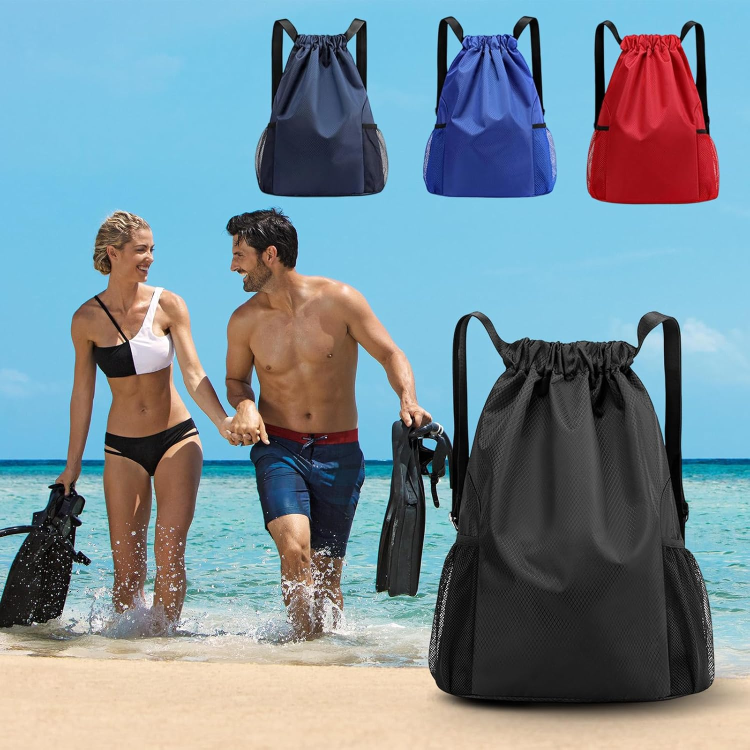 Drawstring Backpack, Water Resistant Lightweight Drawstring Bag with Inner Pocket, Side Mesh Pockets, for Women Men Sports Basketball Travel Camping - Black image number 2