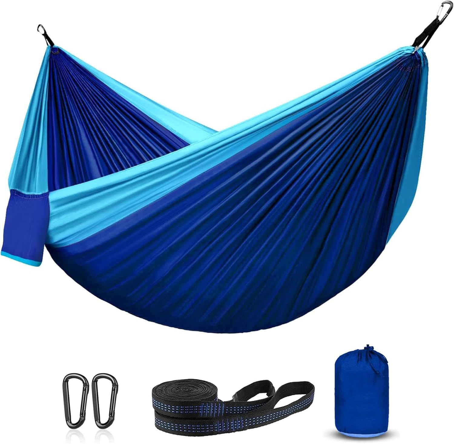 Double Camping Hammock with 2 Tree Straps, Lightweight Nylon Parachute Tree Hammock Tent, Portable Two Person Parachute Hammocks Swing for Outdoor Hiking Beach Backpacking (Sky Blue & Deep Blue) image number 2