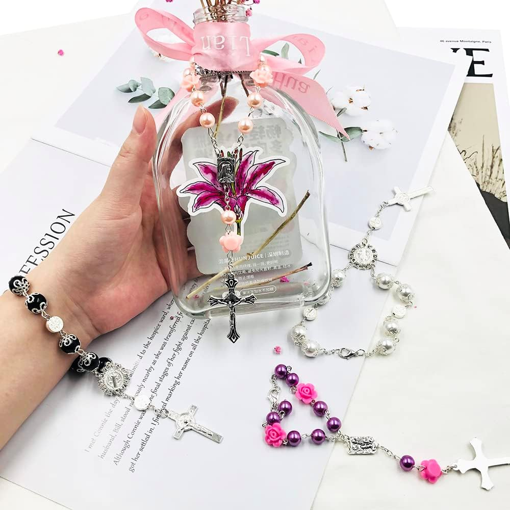 4 Pcs Car Rosary for Rearview Mirror, Rosary Beads Catholic Cross Blessing Hanging Accessories Car Medal Rearview Mirror Pendant(4 Colors) image number 3