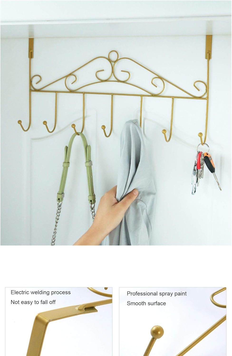 Eywlwaar Gold over the Door Hooks 7 Hanger Rack Heavy Decorative Metal Rack for Home Use Hats Coats Key Bag Clothes Scarfs Hooks (Golden) image number 3