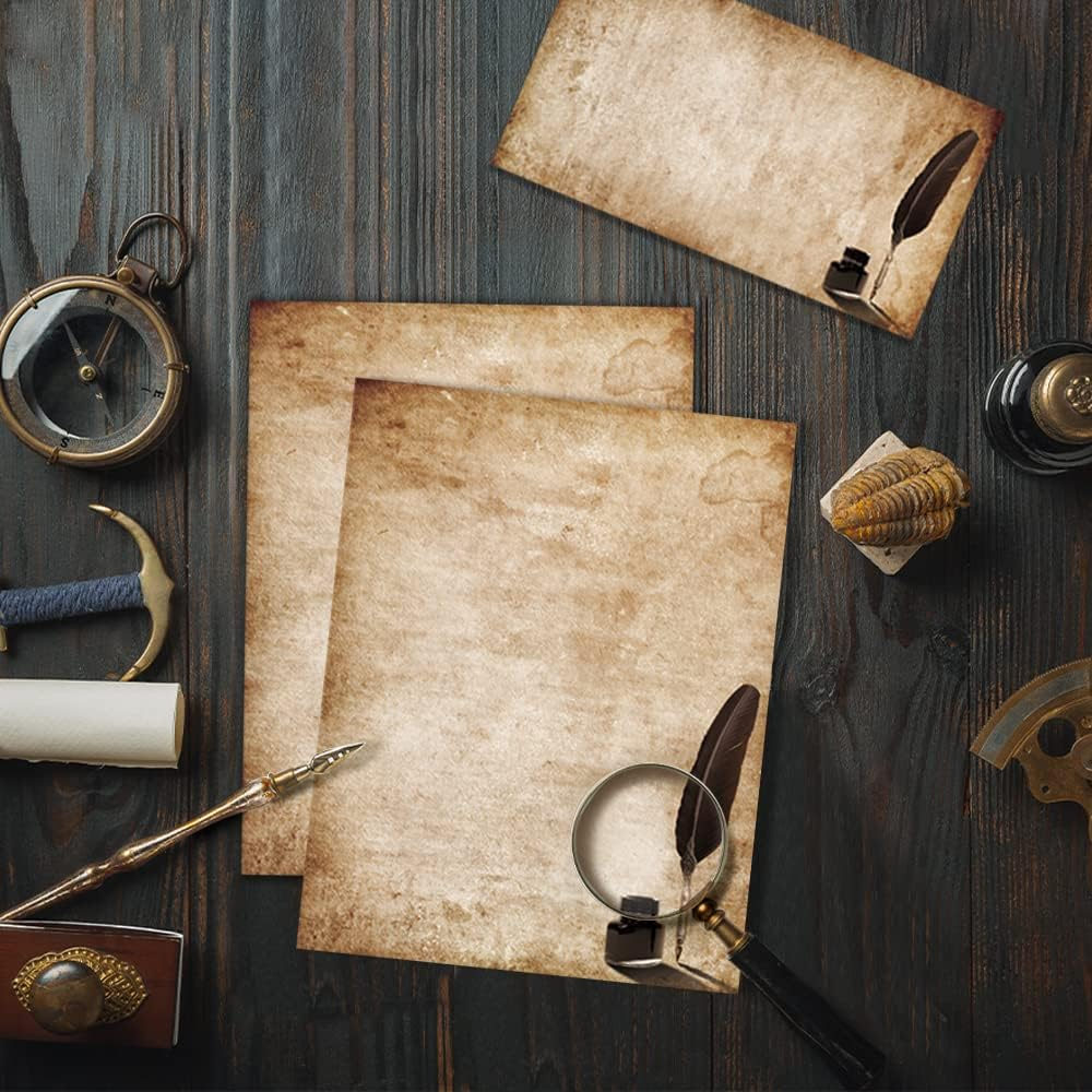 Paper Master Vintage Stationary Set, Old Fashion Letter Writing Stationary Paper and Envelopes Set, 48 Sheets Feather Stationery Set with 24 Envelopes, 8.5X11 Inch