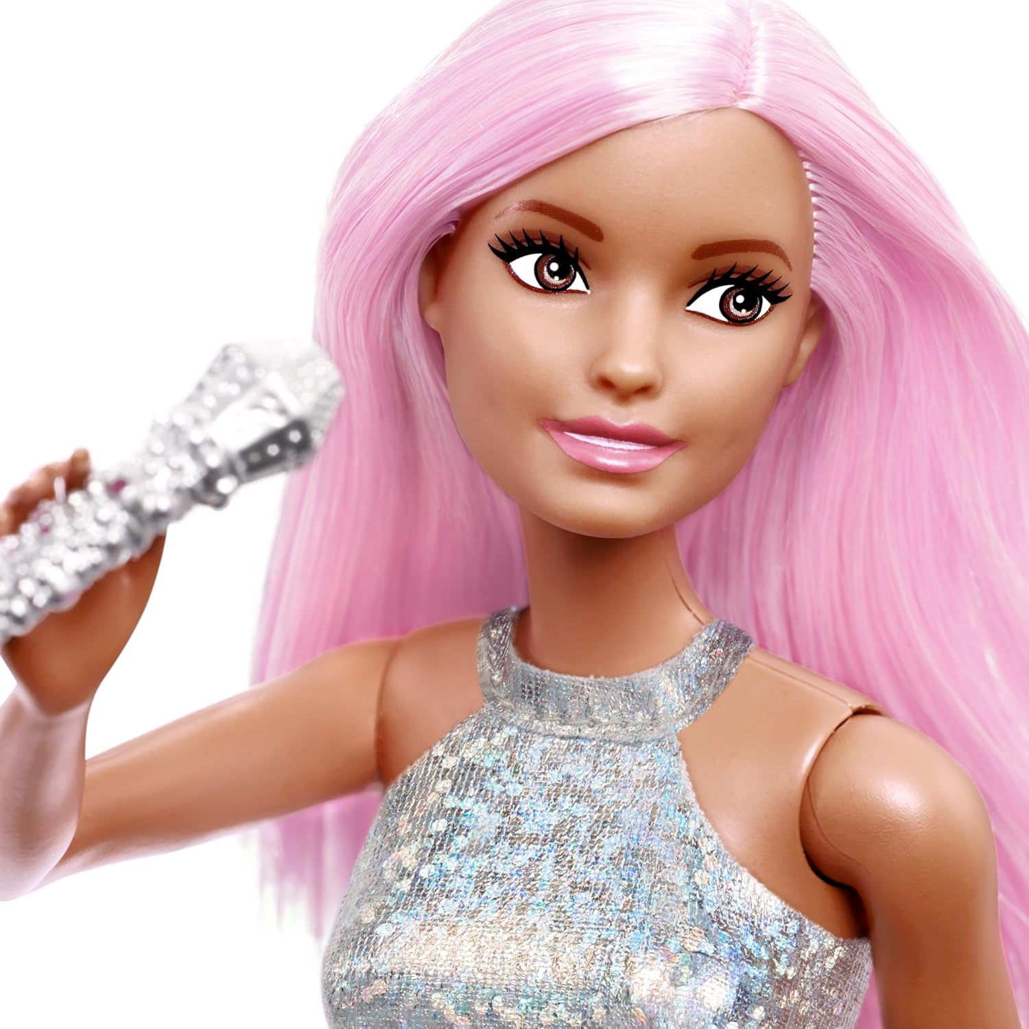 Barbie Pop Star Doll Dressed in Iridescent Skirt with Microphone and Pink Hair, for 3 to 7 Year Olds image number 2