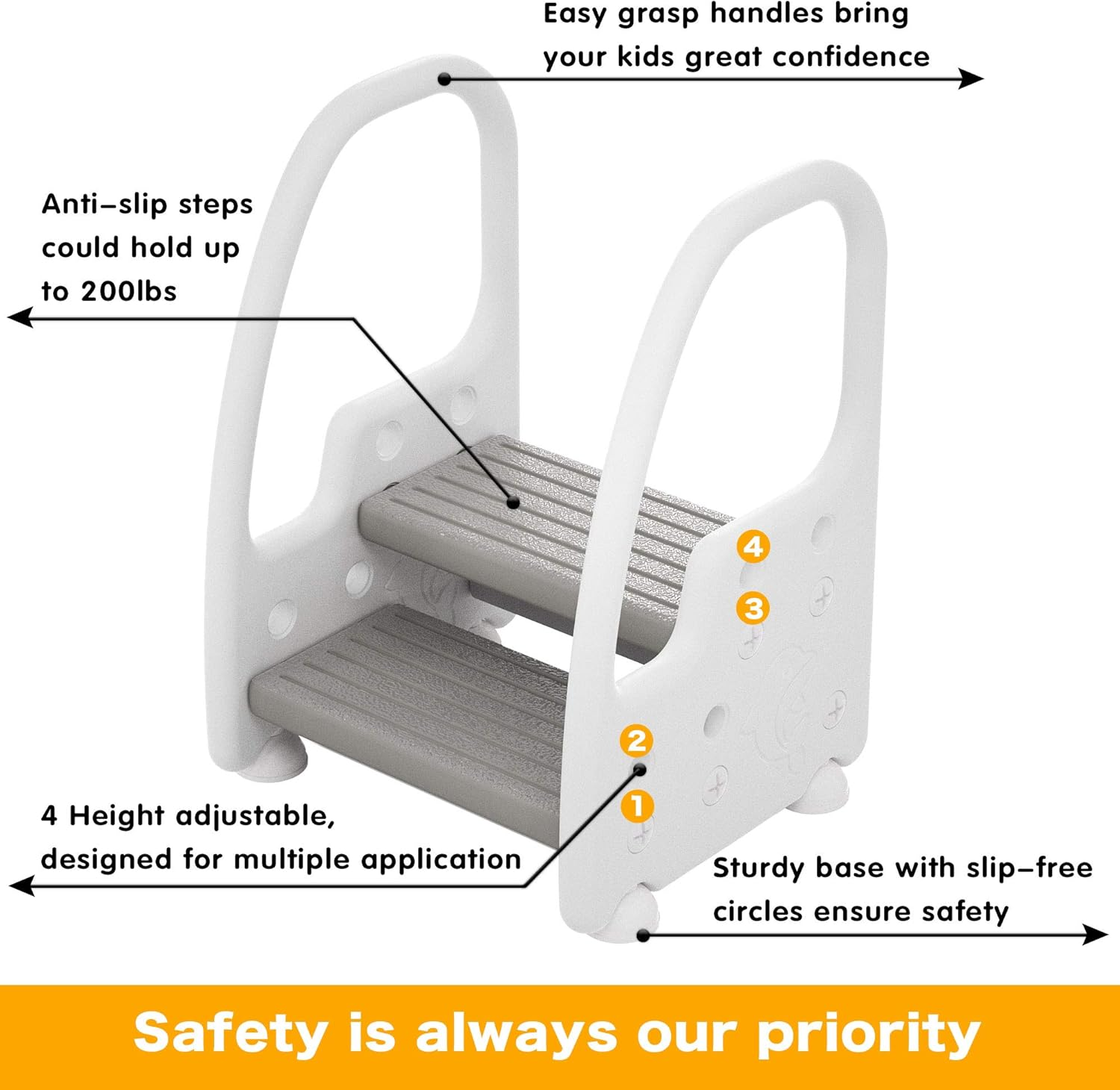 Two Step Stool with Handle for Toddler and Kids, Reaching Bathroom Sink, Toilet Potty Training (Gray, Height Adjustable) image number 3