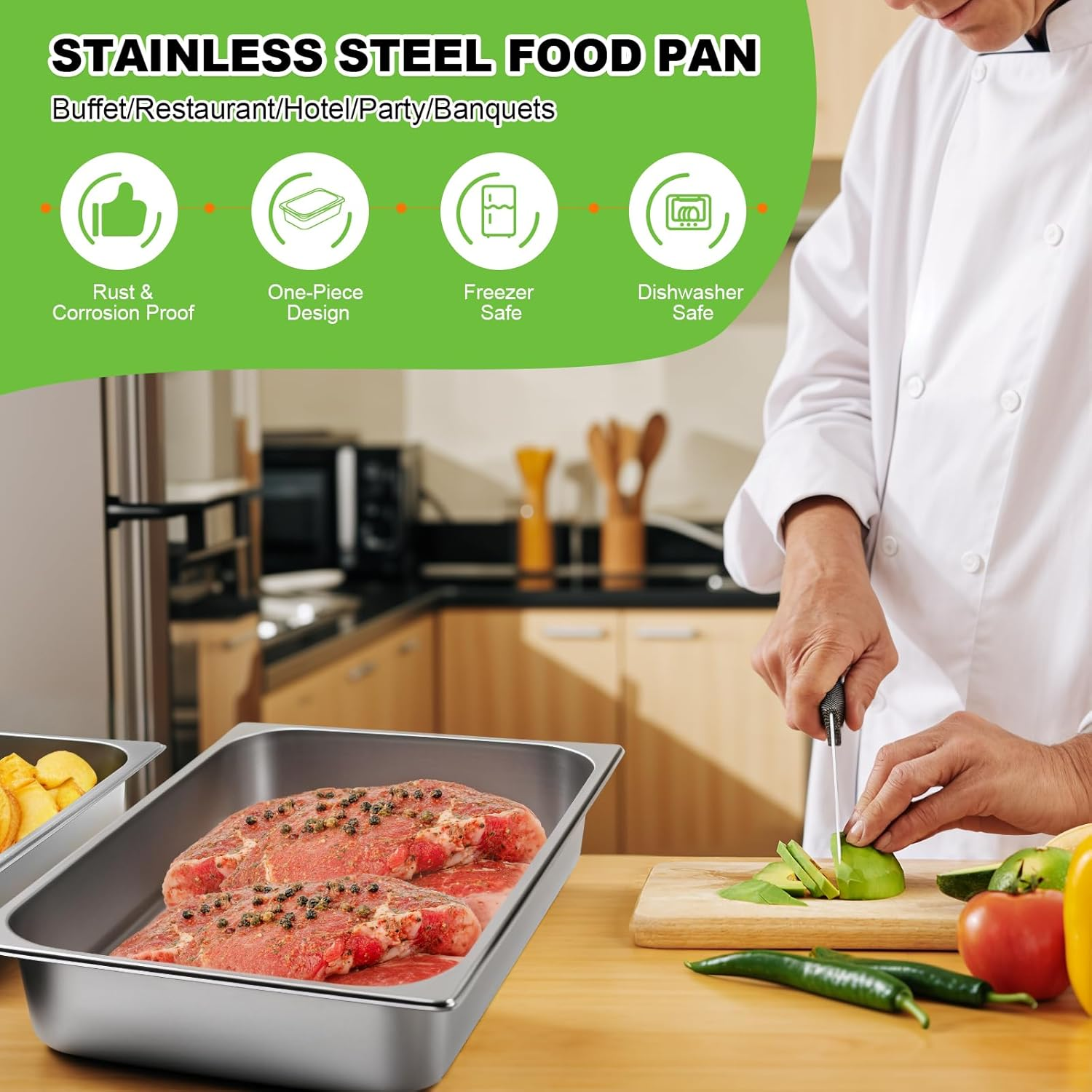 LZONEY Stainless Steel Hotel Pans 1/1 Full Size X 4" Deep Steam Table Pan with Lid, 4 Pack 0.8 Mm Thick anti Jam Pan Stainless Steel Steamer Pan for Hotel, Restaurant, Buffet image number 6