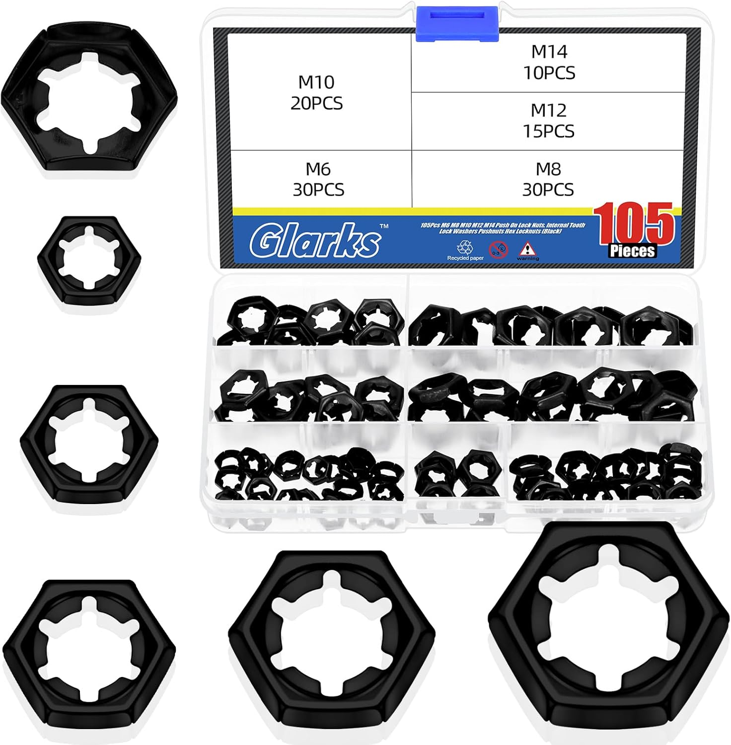 Glarks 105Pcs M6 M8 M10 M12 M14 Push on Lock Nuts Assortment Kit, 304 Stainless Steel External Push Rings Nuts, Quick Speed Locking Nut, Internal Tooth Star Lock Nut for Shaft and Stud