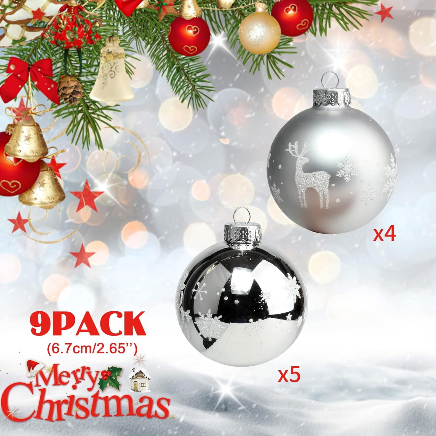 Amooca Christmas Colorful Glass Balls Decoration Festival Party Home Decors Holiday Xmas Tree Hanging Ornaments Set 9Pc 2.65In Silver Snowman & Reindeer Printing image number 2