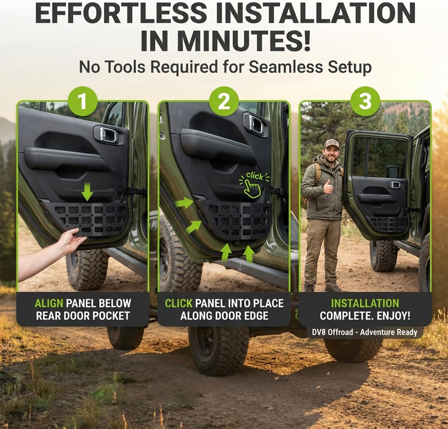 DV8 Offroad Rear Door Pocket Molle Panels for the 2018-2023 Jeep Wrangler JL & 2020-2023 Jeep Gladiator JT | Molle Design Allows for Multiple Gear Mounting Solutions, Black, MPJL-06 image number 5