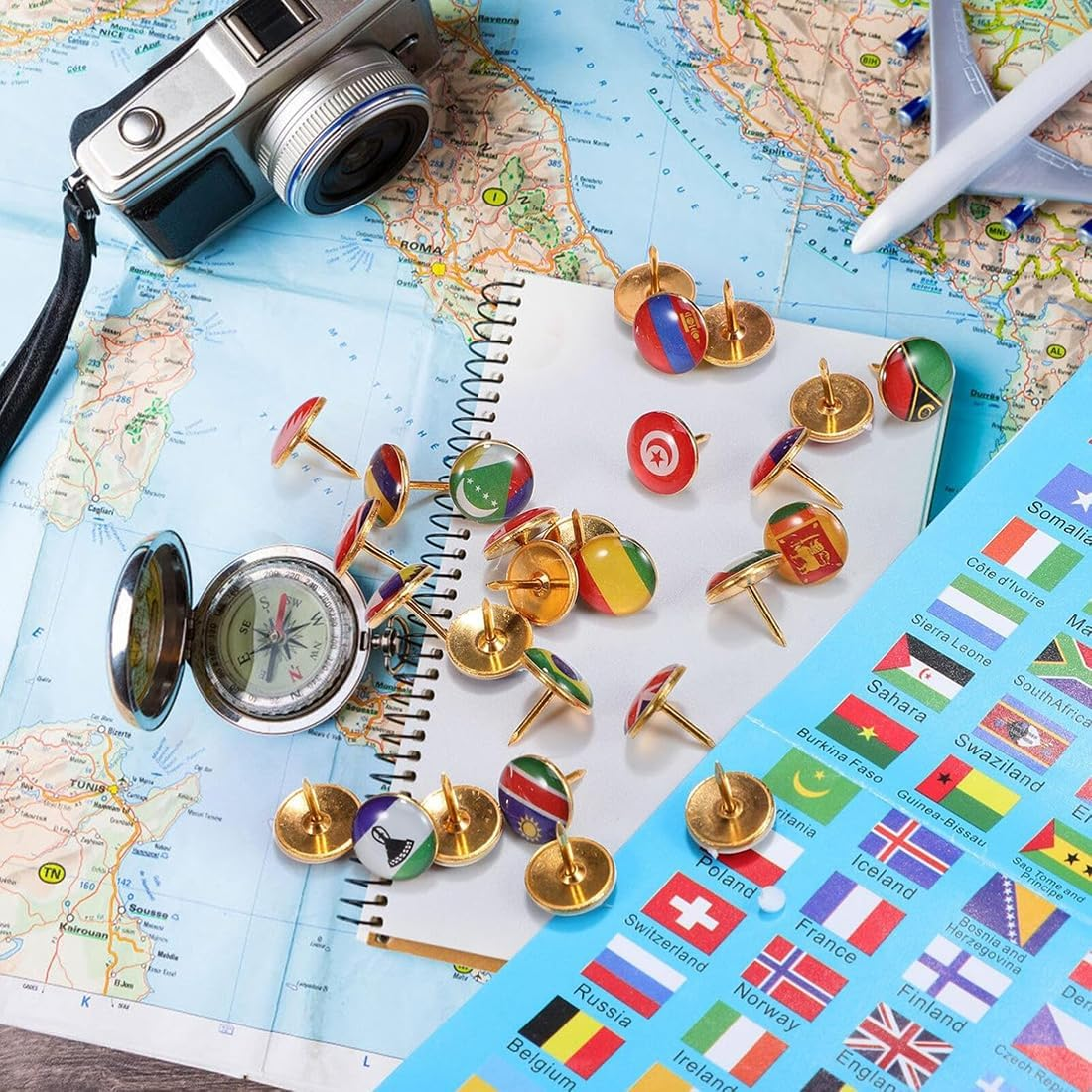 200Pcs National Flags Pins Thumbtacks, Creative Country Flag Map Push Pins with Storage Box, Decorative Drawing Pins Travel Map Thumb Tacks for Bulletin Board Pinboard Office School image number 3