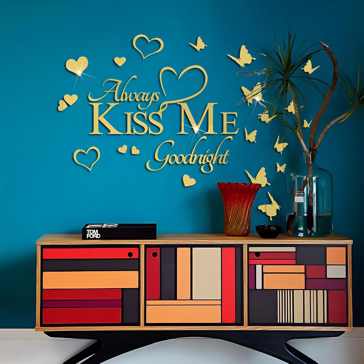 INCAUCA Always Kiss Me Goodnight Mirror Wall Decal, Peel and Stick Wall Stickers Decor for Bedroom, Decorative Romantic Couples Love Wall Words and Quotes, Lettering Art Sign over Bed, Gold image number 3