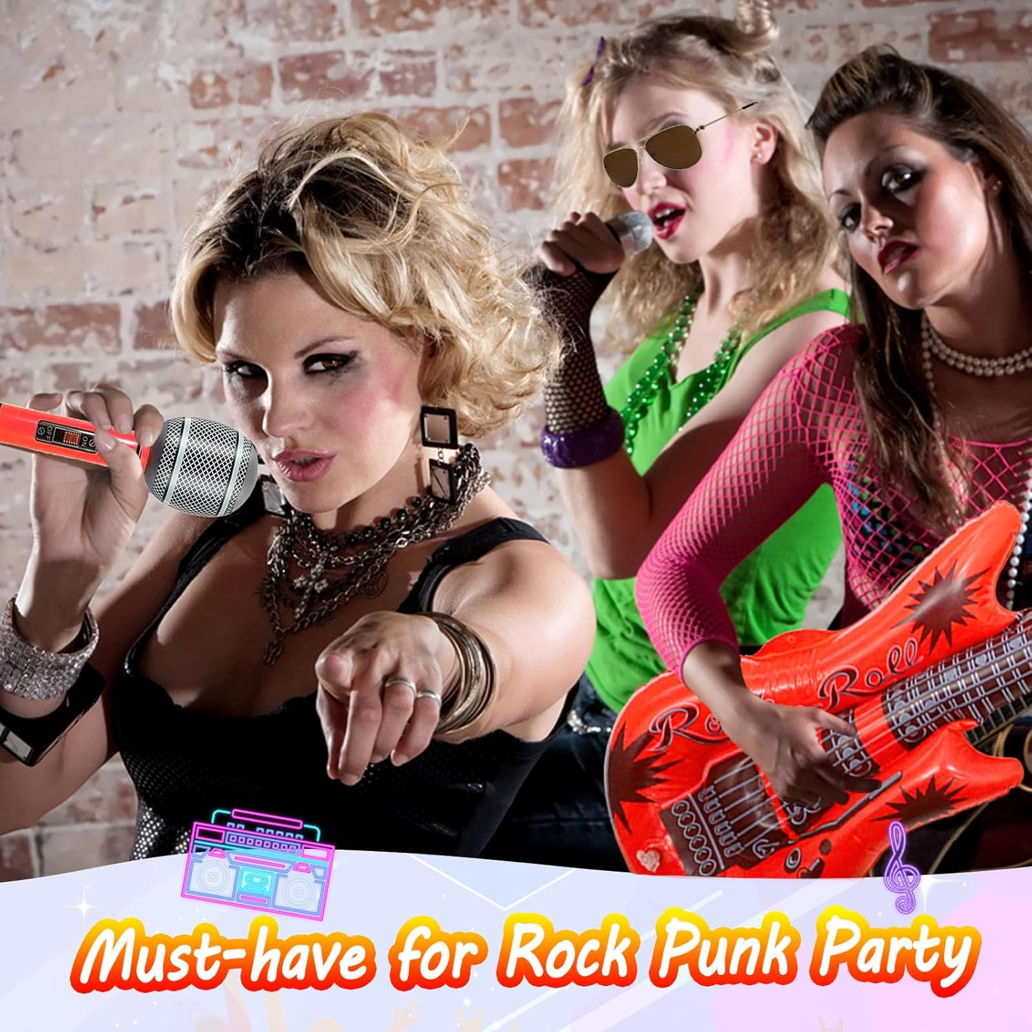 8Pcs Punk Gothic Rocker Costume Set, Rock Heavy Metal Accessories with Retro Sunglasses Gloves Bandana Fake Tattoo Sleeves Bracelet Inflatable Guitar for Women Men Halloween 80S Disco Party