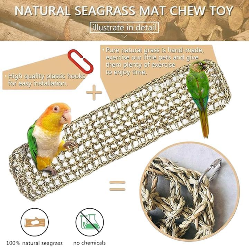 Bird Seagrass Mat,Natural Grass Woven Net Hammock Parakeet Chew Toys Trimming Cage Accessories Climbing Rope Ladder with Hooks Lovebird Cockatiel Conure Budgie,Size 28.3" X 6.7" image number 3