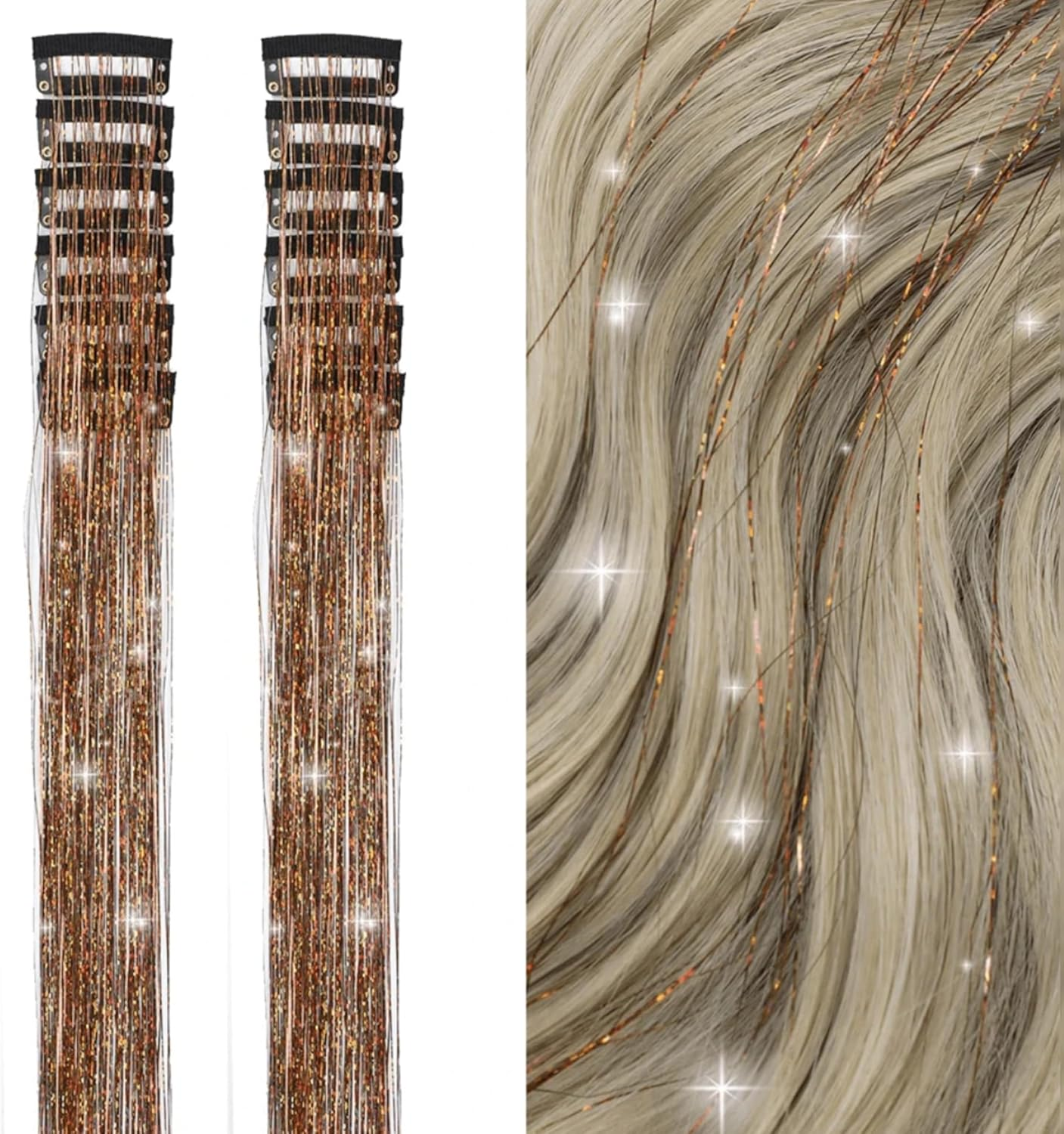 6 Pieces Clip in Glitter Tinsel Hair Extensions. Festival, Party, Dress Up, Glamour, Glitter 20 Inches - Heat Resistant (Bright Blue) - Bright Blue image number 2