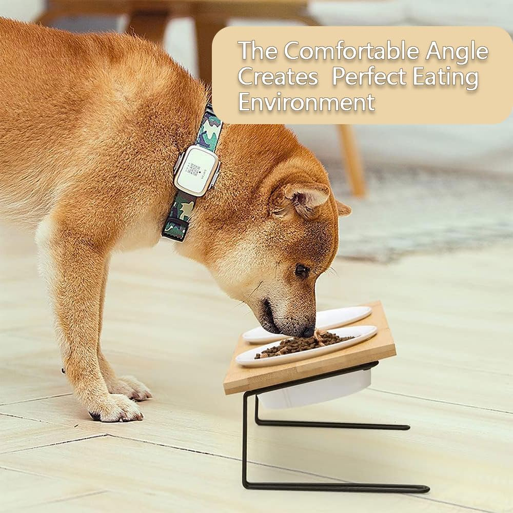 Elevated Ceramic Cat Bowls with 15&deg; Tilted Solid Bamboo Stand &ndash; Raised Food & Water Feeder Set for Cats & Small Dogs, Anti-Vomit Non-Slip Design image number 3