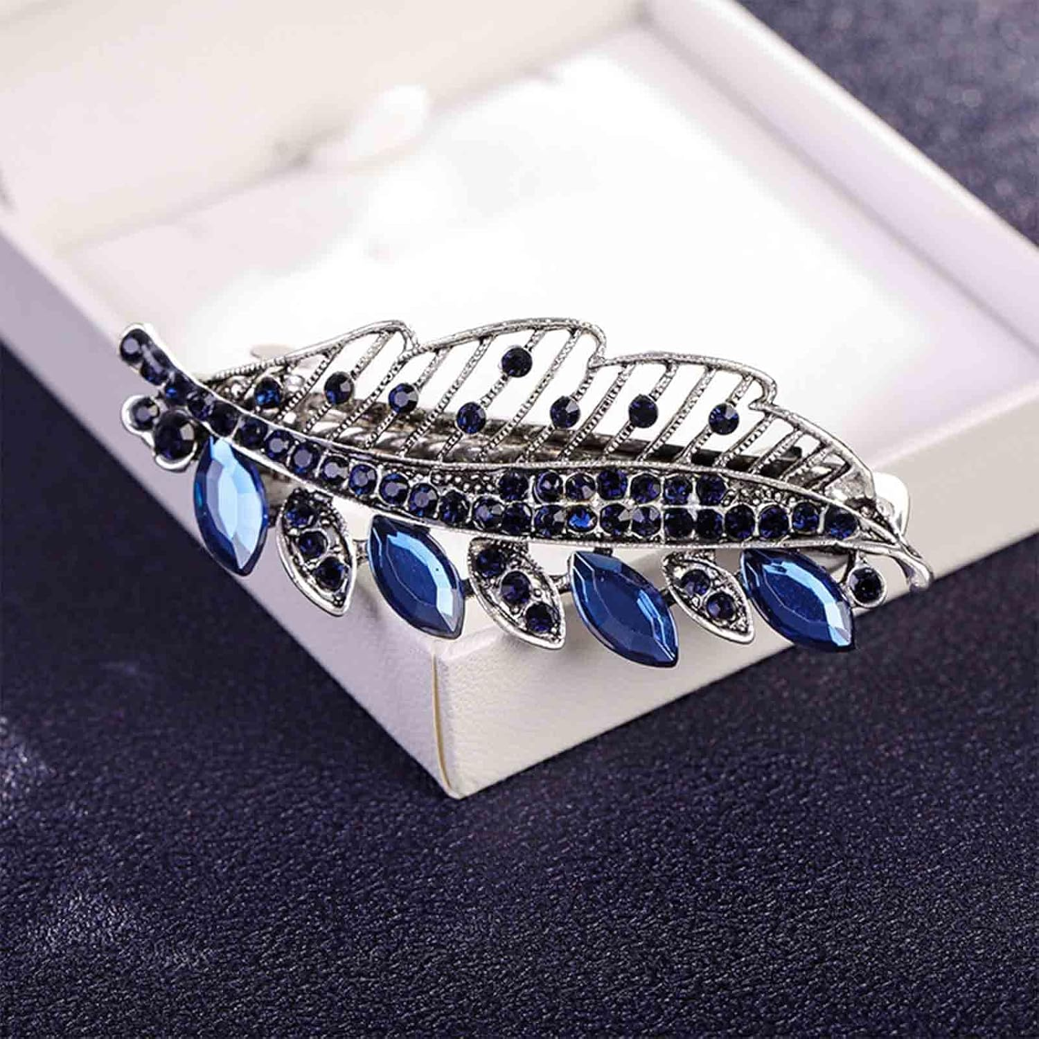 Yheakne Rhinestone Wedding Hair Clip Barrette Blue Crystal Hair Clip Shiny Bridal Headwear Decorative Headpiece Sapphire Crystal Hair Clip Bridal Hair Accessories for Women and Girls (Blue A) image number 3