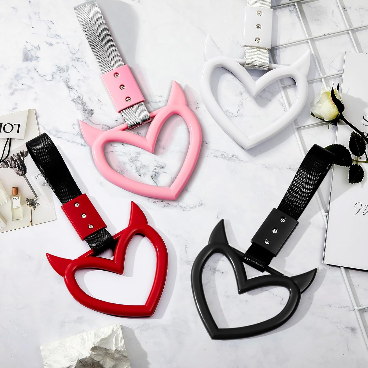 Fabbay 4 Pieces Heart Shaped Car Handle Straps Hang Ring Rear Bumper Warning Ring Decorative Subway Train Bus Handle Hand Strap Drift for Car Interior(Black, White, Red, Pink, Devil) image number 2