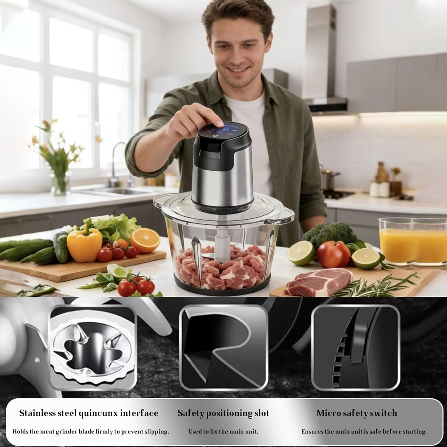 Electric Food Chopper, Touch Control 4 Mixing Modes, Glass Food Processor, 2/3L Capacity, Meat Grinder with Timer & Safety Lock, 500W Power, 4-Blade Stainless Steel Blade, Mixer/Chopper (2L) image number 3