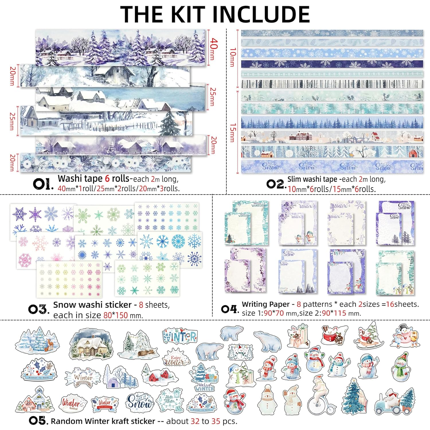 YUBBAEX Winter Washi Tape & Sticker Pack Snow Landscaping Masking Tapes Scrapbook Paper Holiday Decorative for Arts, DIY Crafts, Journal Supplies, Scrapbook, Card/Gift Wrapping