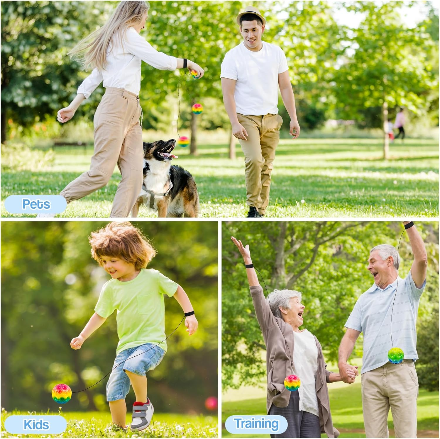 ZCOINS 4 Pcs 2.5'' Rubber Wrist Return Bounceback Ball for Kids, Wrist Rebound Bouncy Hand Ball with Wristband & Elastic String for Outdoor Game Sport Training image number 6