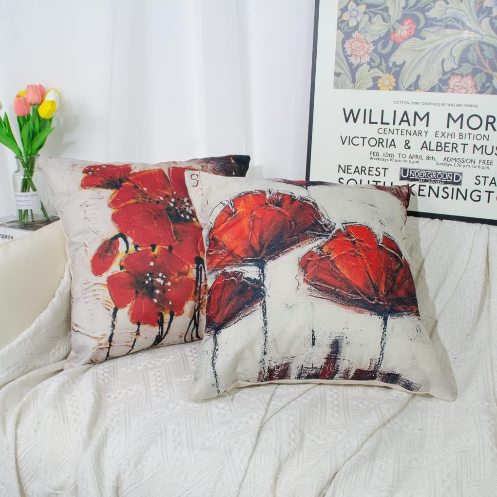 DILOXNSU Cushion Cover 50 X 50 Cm, Set of 4 Cushion Covers, Red Art Flower, Decorative Cushion, Modern Sofa Cushion, Linen Cushion Cover, Decorative Cushion, Aesthetic Couch Cushion, Cuddly Cushion image number 2
