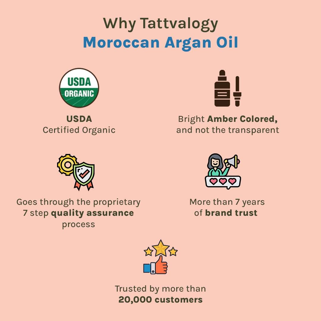 Tattvalogy Moroccan Argan Oil | Certified & Organic | Unbleached & Unrefined | Non Sticky Hair Oil | for Healthy Hair & Skin Nourishment | Chemical Free | in Glass Bottle Packaging - 50 ML