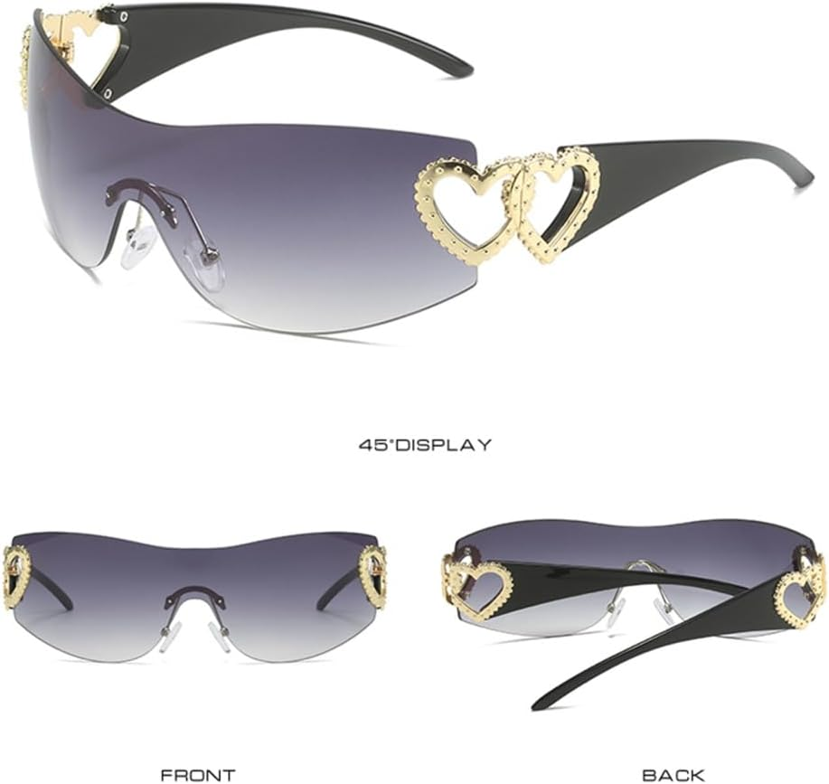 JRLLFD One-Piece Sunglasses Rimless Glassess with Double Love Heart-Shaped Pink Gradient Wrap around Sun Glasses image number 5