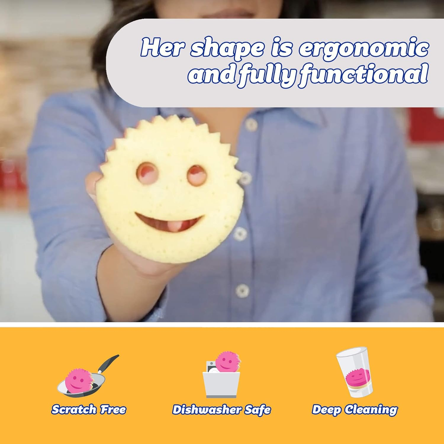 Scrub Daddy Scrub Mommy Washing up Sponge - Dual Sided Scrubbing Non Scratch Scourers, Smiley Face Sponges for Cleaning Kitchen & Bathroom, Dish Scrubber, Flextexture Home Products, Pink Single Pack image number 3