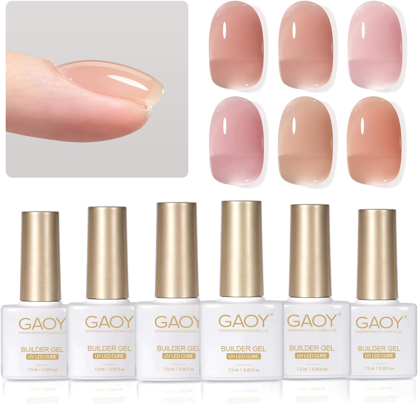 GAOY 6 Colors Builder Gel Set for Nails, Milky White Pink Nude Sheer Jelly Nail Strengthener, Soak off Nail Extension Hard Gel, Yummy Jelly, Base Coat Top Coat Needed