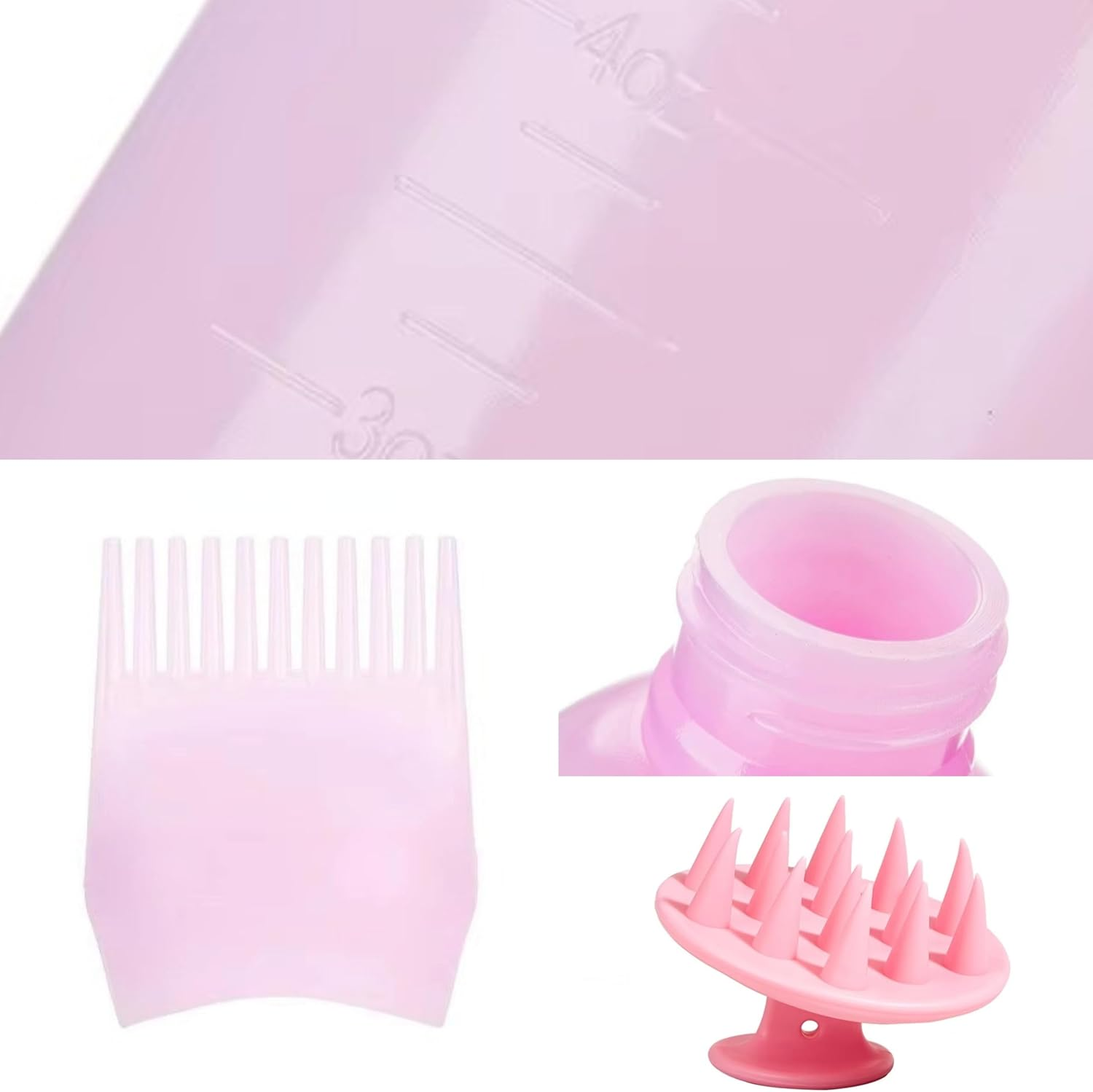 Root Comb Applicator Bottle 6 Oz/180 Ml with Scalp Massager Brush for Hair Dye, Shampoo, Oil Treatment & Scalp Care, Hair Coloring and Liquid Applicator Tool (Pink)