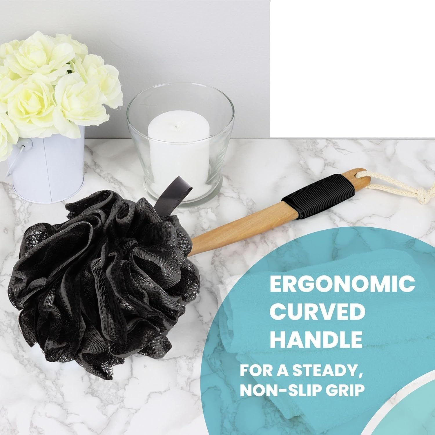 Bamboo Charcoal Infused Back Scrubber - Loofah with Handle | Exfoliating Shower Loofah for Men & Women - Features 1 Loofah on a Stick, 1 Loofa Pouf (Black, One Size) image number 1