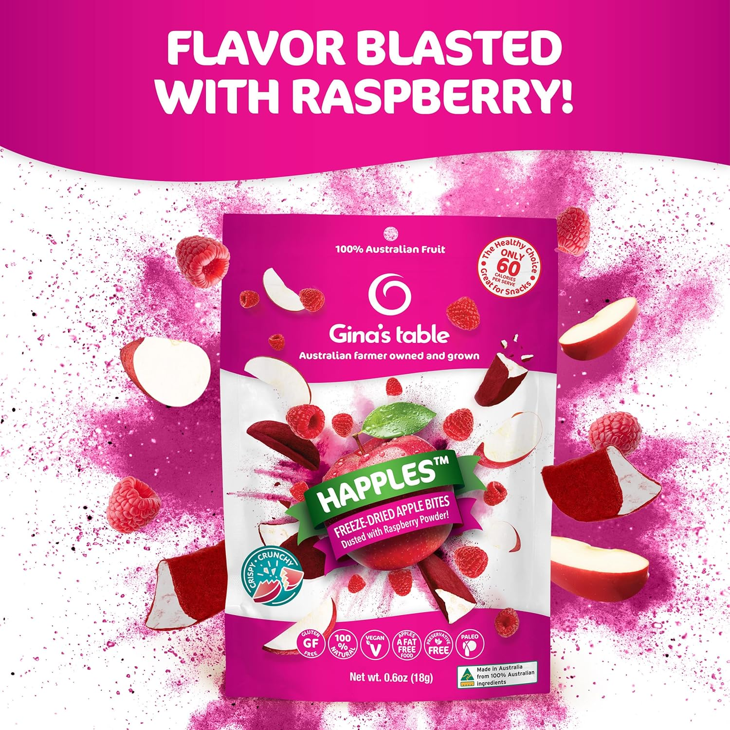 Gina&rsquo;S Table Happles 18G Freeze-Dried Fruit Snack &ndash; Natural Freeze-Dried Fruit &ndash; Apple Crisps &ndash; Healthy Fruit Snacks for Kids &ndash; Low-Calorie Snacks &ndash; Apple & Raspberry (10 Pack) image number 3