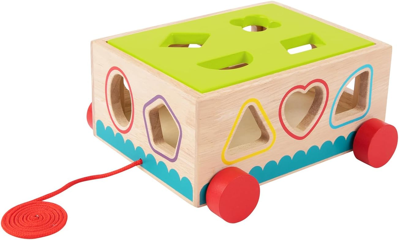 Tooky Toy Woode Shape Sorter Pull along Cart with Wooden Blocks Toddler Toy image number 2