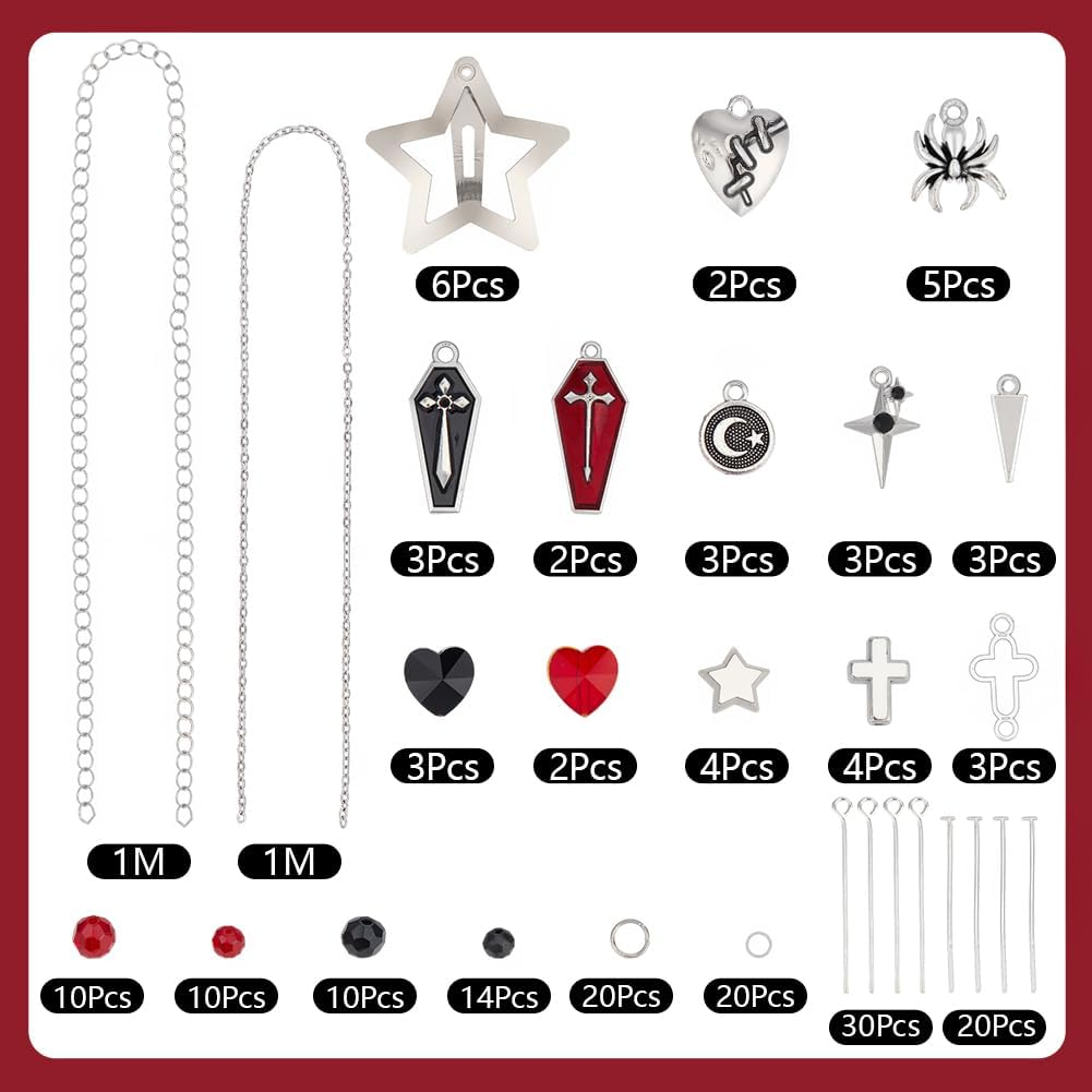 SUNNYCLUE 1 Box DIY 6 Sets Tassels Hair Clips Making Kit Halloween Gothic Hairclips Cross Coffin Charms Black Red Heart Beads Star Hairpins Accessories for Women Braid Long Short Thin Thick Hair image number 5