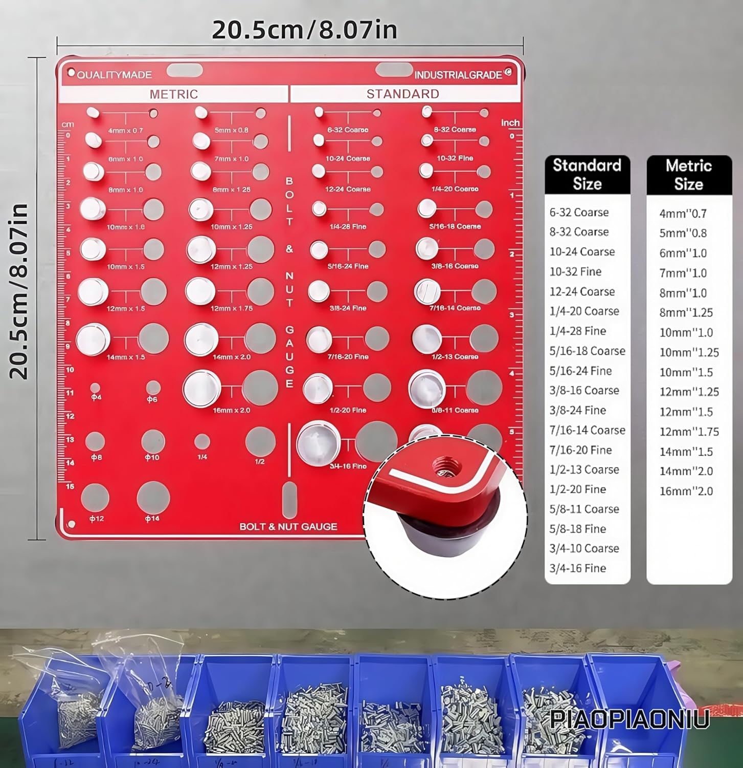 Thread Checker Gauge, 34 Size Metric and Standard Measurement Tool, 20.5 Cm Aluminium Alloy Bolt and Nut Identifier, Red