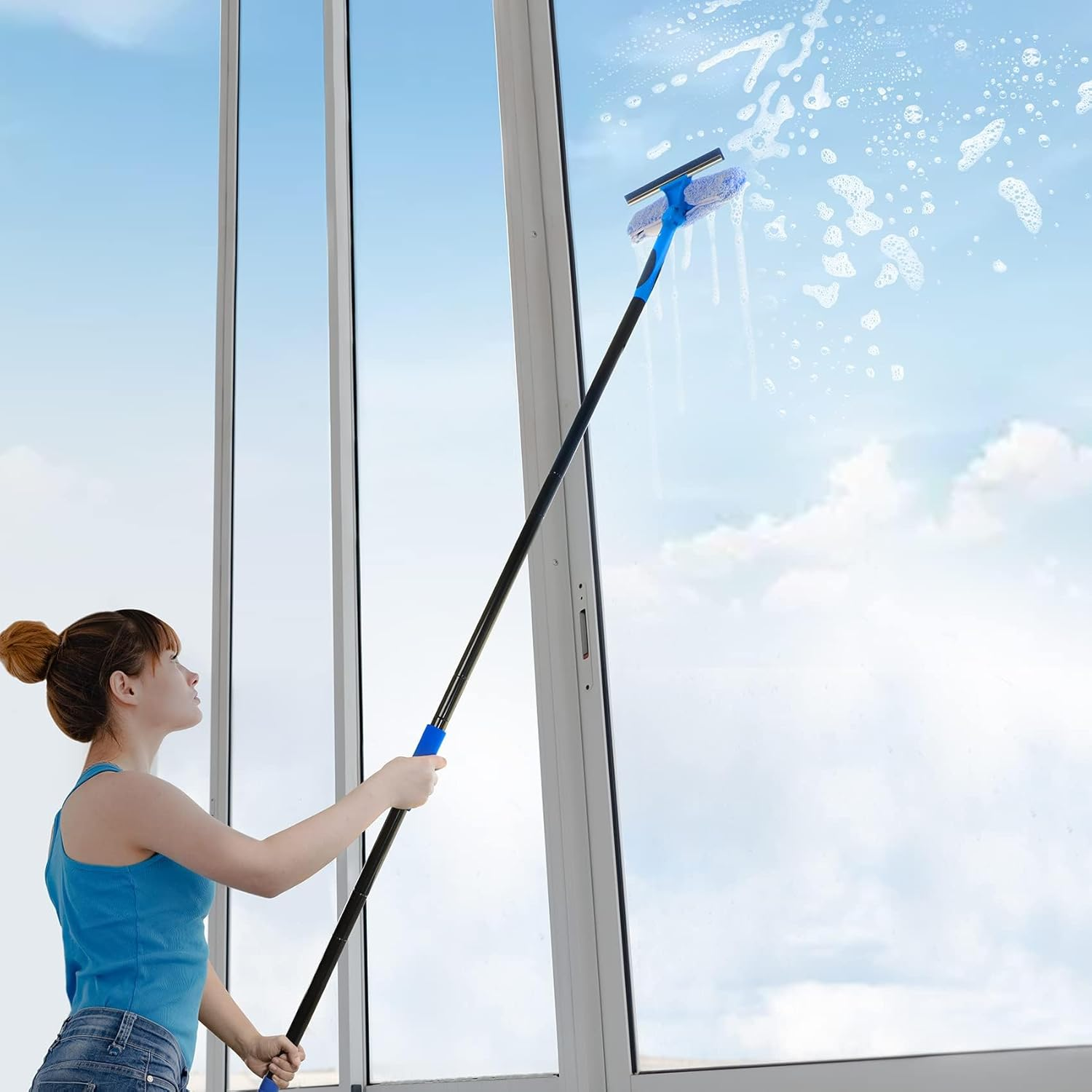 Professional 69'' Window Squeegee Cleaner Tool with Extension Pole, 2-In-1 Squeegee for Window Cleaning Kit with Scrubber and Rotating Head, 1 Blade 2 Scrubber (Blue) image number 5