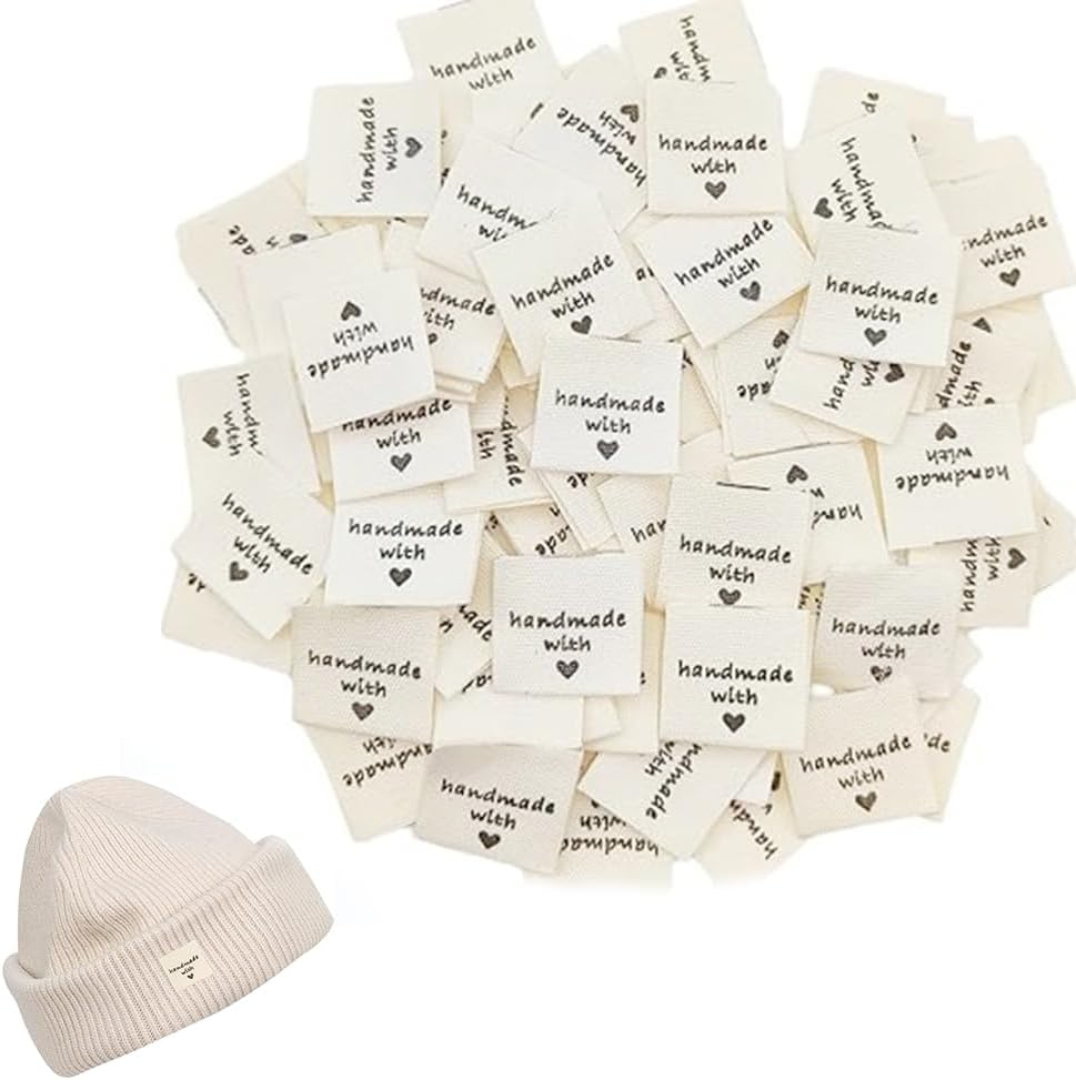 200 Pcs Handmade Sewing with Love Labels, Iron on Labels, Handmade Sewing Clothing Embroidered Labels, Costume Clothing Labels, DIY Knitting Crafts Sewing Decorations image number 1