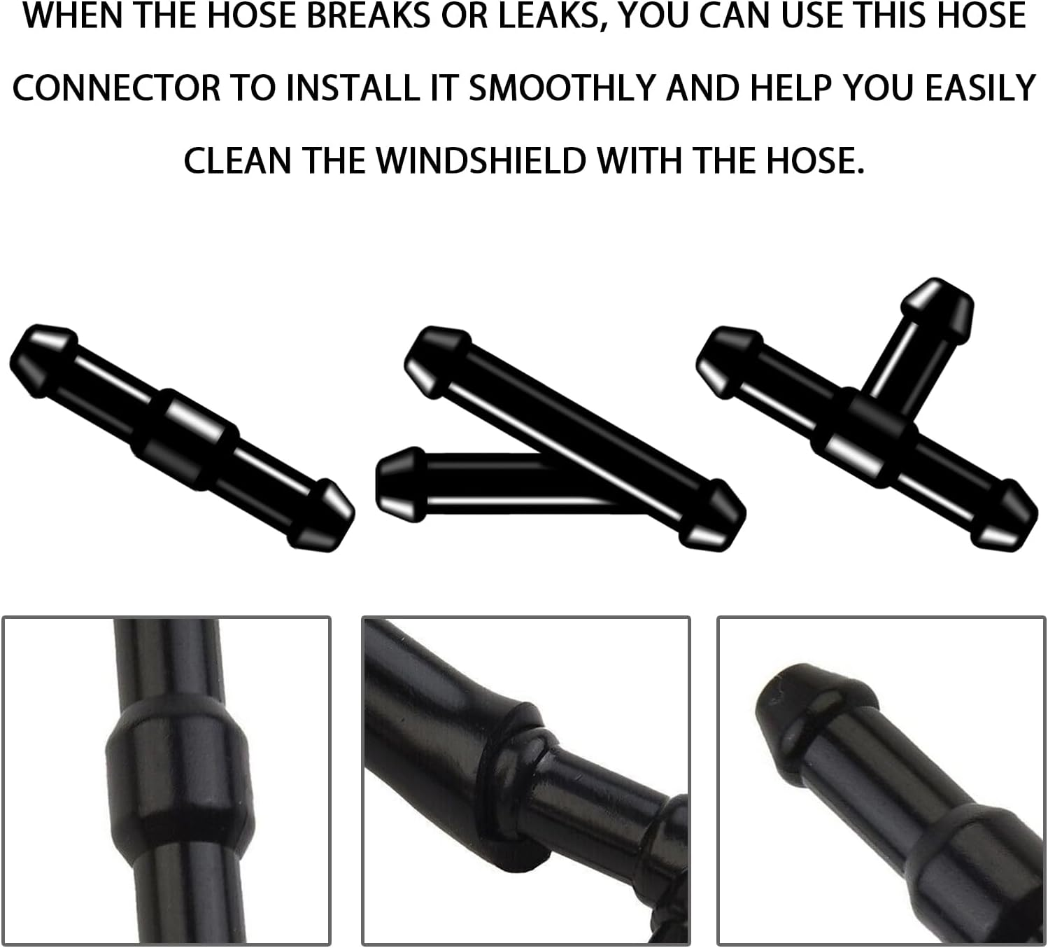22 PCS Car Windshield Washer Nozzle Hose Kit, 4M Washer Fluid Hose, 6 PCS Hose Connectors，2 Fan Nozzles & Gaskets, 10Pcs Hood Retainers, Suitable for Truck SUV Windshield Fluid Tubing (Black) image number 2