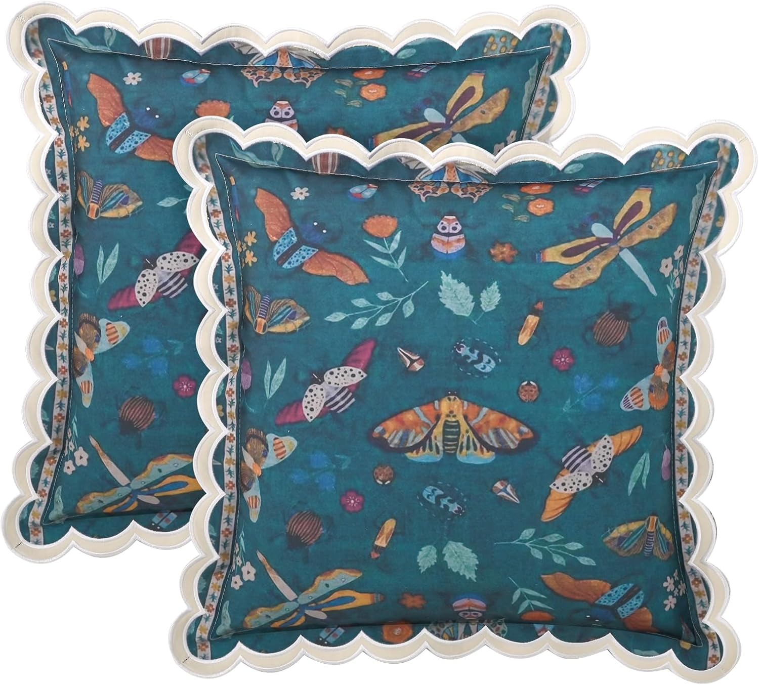 Fjdcslwx Boho Floral Throw Pillow Covers Set of 2 Colorful Bohemian Flower Decorative Scalloped Wavy Edge Designs Pillowcase for Bedroom Sofa Living Room Bed Square Pillow Case Cushion 18X18 Inch