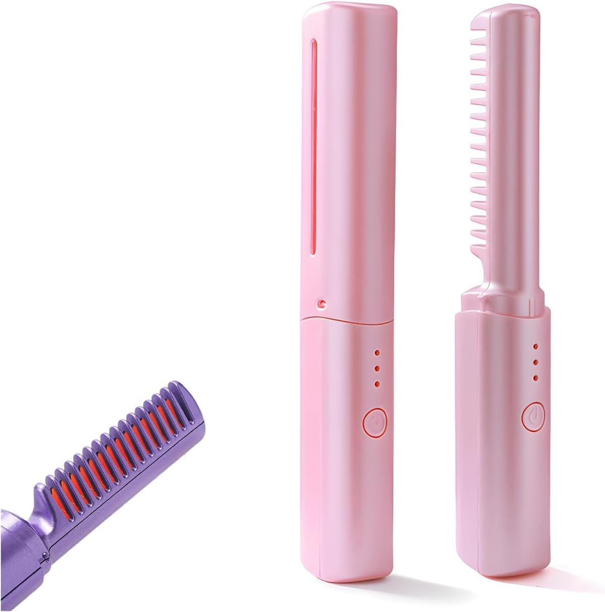 Rechargeable Mini Hair Straightener, Portable Straightening Brush with Negative Ion, Cordless Straightener Brush, Lightweight & Mini for Travel (Pink) image number 1