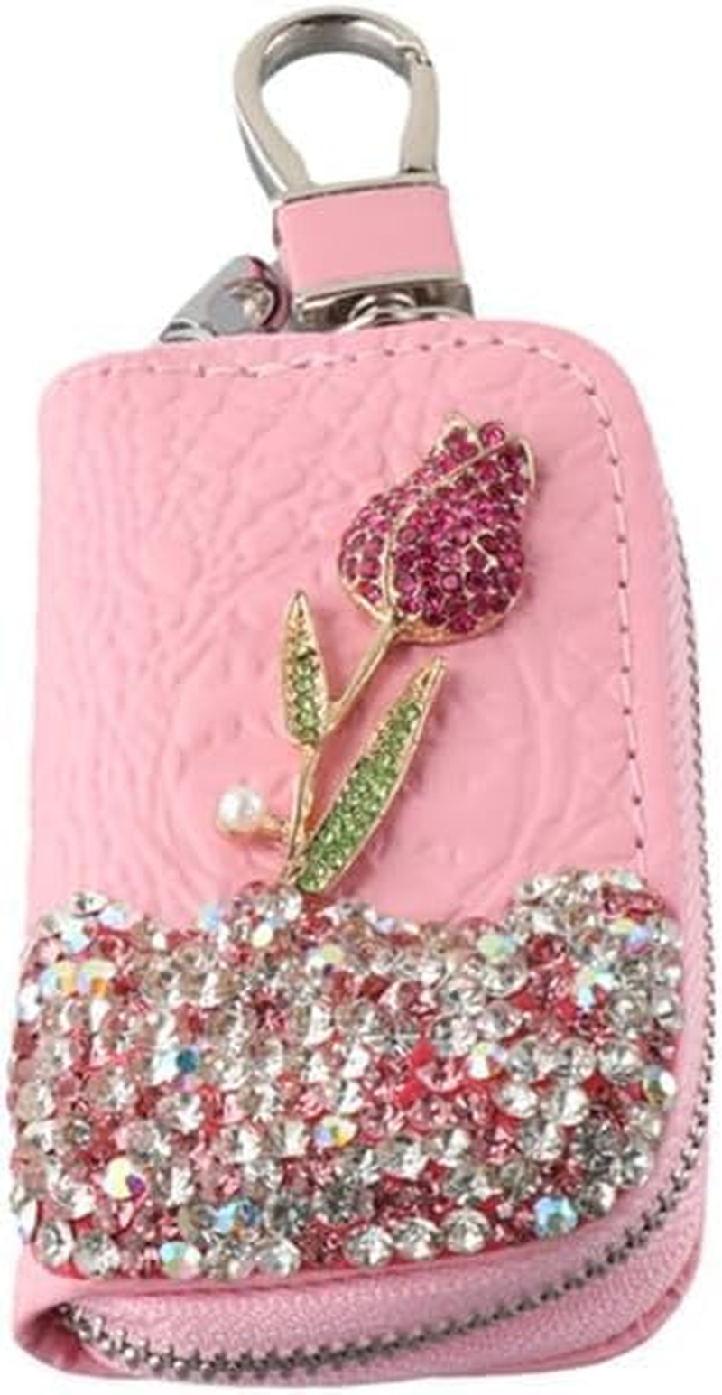 PU Leather Car Key Case Holder Bling Rhinestone Flower Car Key Chain Bag Auto Key Case Car Key Fob Cover Case Zipper Bag. image number 1
